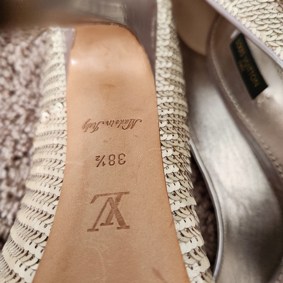 LOUIS VUITTON Beige Sequin Sanaga Open Toe Pumps Size 8.5/38.5 Authentic - Picture 4 of 14